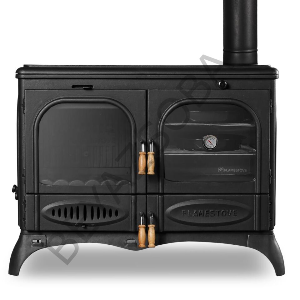 FS-066 Flame Stove Palmiye Döküm Kuzineli Soba: 3 Katlı Fırın, Yan Cam, 15kW Çift Yanmalı