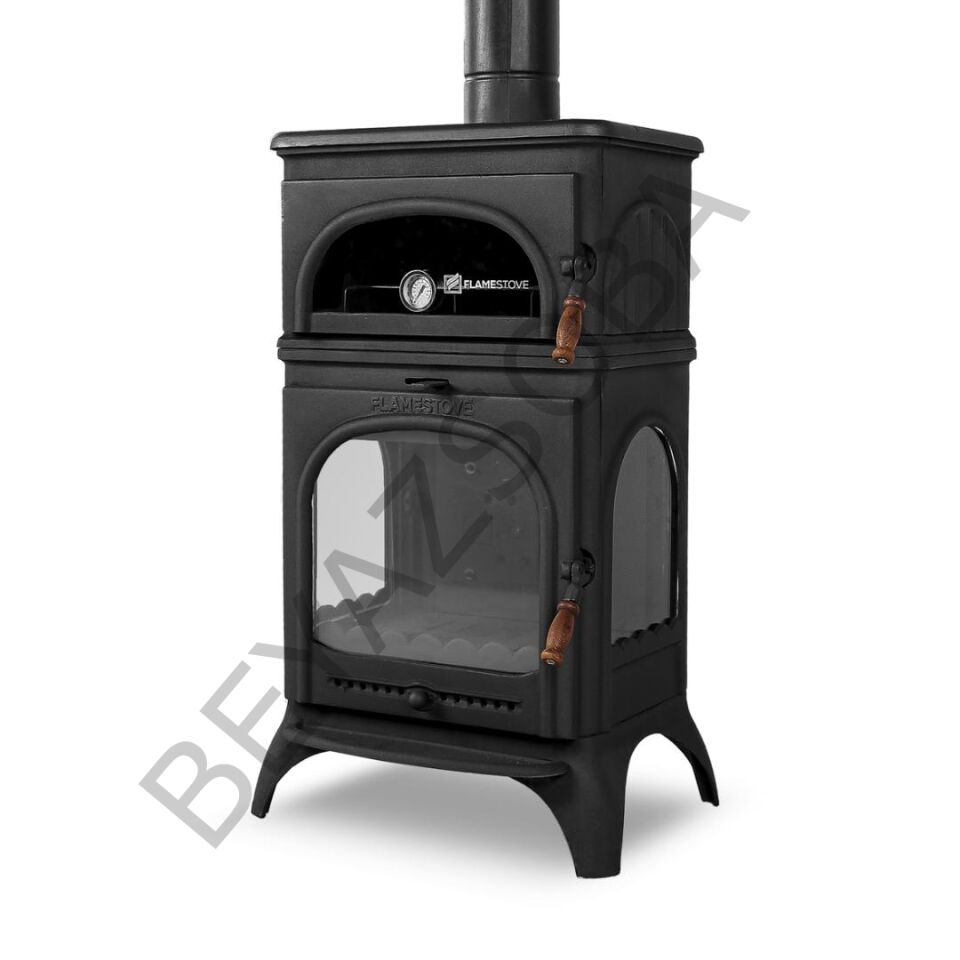 FS-024 Flame Stove Modena Lux Oven Fırınlı Döküm Soba Yüksek Verimli 3 Camlı Schott Robax