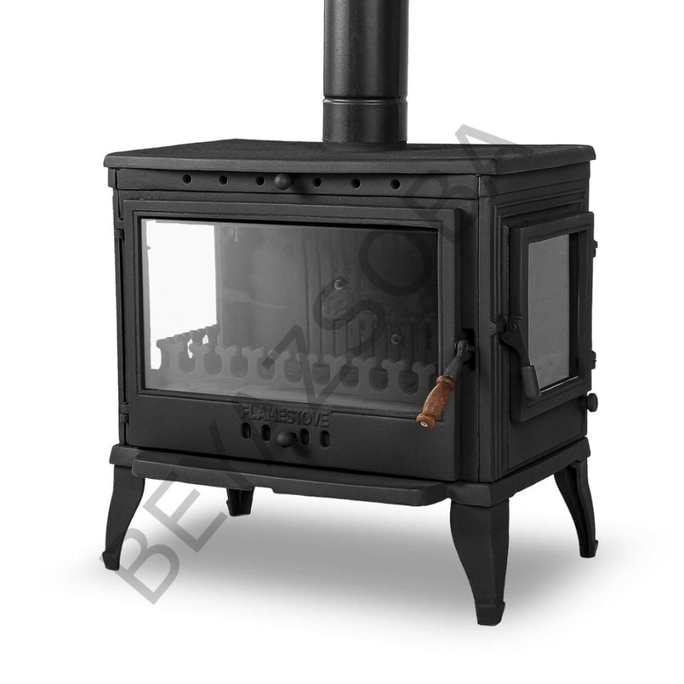 FS-042YK Flame Stove Retro Lux Yan Kapaklı 3 Camlı Döküm Soba, Odun Kömür Sobası